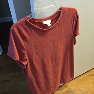 Casual Ribbed Short Sleeve Top - Rust